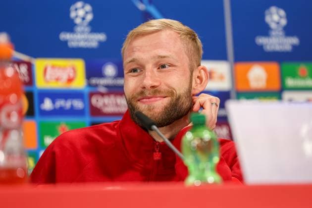Konrad Laimer FC Bayern Muenchen, 27 at the press conference, GER, International Press Conference, FC Bayern Muenchen, Football, UEFA Champions League, quarter-final first leg, 2024 2025 season, 07 04 2025, GER, International Press Conference, FC Bayern Muenchen, Football, UEFA Champions League, quarter-final first leg, 2024 2025 season, 07 04 2025 Muenchen Copyright: xEibner-Pressefoto JennixMaulx EP_JML
