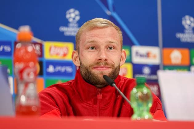 Konrad Laimer FC Bayern Muenchen, 27 at the press conference, GER, International Press Conference, FC Bayern Muenchen, Football, UEFA Champions League, quarter-final first leg, 2024 2025 season, 07 04 2025, GER, International Press Conference, FC Bayern Muenchen, Football, UEFA Champions League, quarter-final first leg, 2024 2025 season, 07 04 2025 Muenchen Copyright: xEibner-Pressefoto JennixMaulx EP_JML