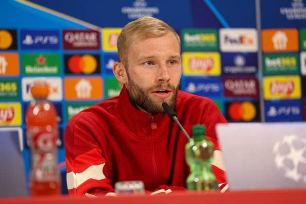Konrad Laimer FC Bayern Muenchen, 27 at the press conference, GER, International Press Conference, FC Bayern Muenchen, Football, UEFA Champions League, quarter-final first leg, 2024 2025 season, 07 04 2025, GER, International Press Conference, FC Bayern Muenchen, Football, UEFA Champions League, quarter-final first leg, 2024 2025 season, 07 04 2025 Muenchen Copyright: xEibner-Pressefoto JennixMaulx EP_JML