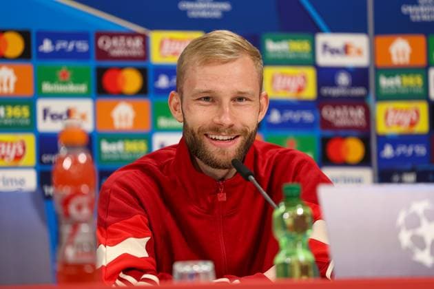 Konrad Laimer FC Bayern Muenchen, 27 at the press conference, GER, International Press Conference, FC Bayern Muenchen, Football, UEFA Champions League, quarter-final first leg, 2024 2025 season, 07 04 2025, GER, International Press Conference, FC Bayern Muenchen, Football, UEFA Champions League, quarter-final first leg, 2024 2025 season, 07 04 2025 Muenchen Copyright: xEibner-Pressefoto JennixMaulx EP_JML