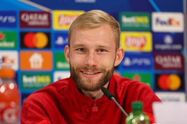 Konrad Laimer FC Bayern Muenchen, 27 at the press conference, laughs, GER, International Press Conference, FC Bayern Muenchen, Football, UEFA Champions League, quarter-final first leg, 2024 2025 season, 07 04 2025, GER, International Press Conference, FC Bayern Muenchen, Football, UEFA Champions League, quarter-final first leg, 2024 2025 season, 07 04 2025 Muenchen Copyright: xEibner-Pressefoto JennixMaulx EP_JML