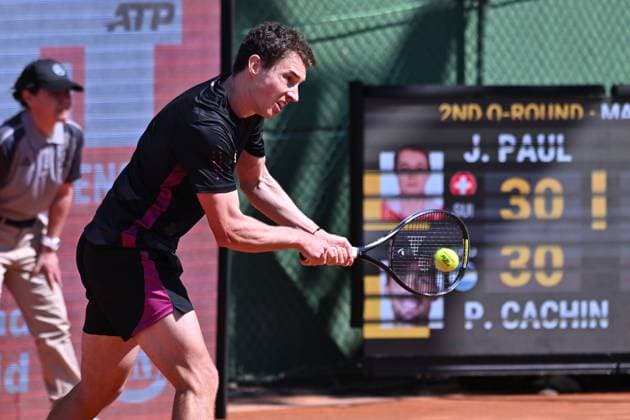 April 7, 2025, Madrid, Madrid, Spain: JAKUB PAUL (SUI) playing the tennis match of the ATP, Tennis Herren Challenger 100 Open Comunidad de Madrid, at the Club de Campo Villa de Madrid on April 7, 2025. Madrid Spain - ZUMAc312 20250407_zsp_c312_014 Copyright: xOscarxManuelxSanchezx