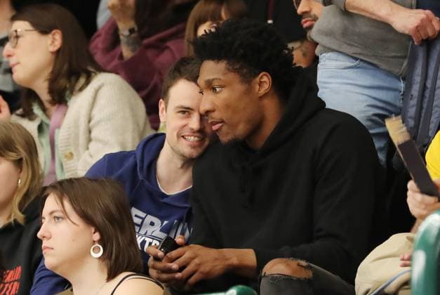Jonas Mattisseck and David McCormack in the audience Sport Basketball DBBL Bundesliga Womens Playoff Semifinal 2 Game Season 2024 2025 07 04 2024 ALBA Berlin vs Saarlouis Royals
