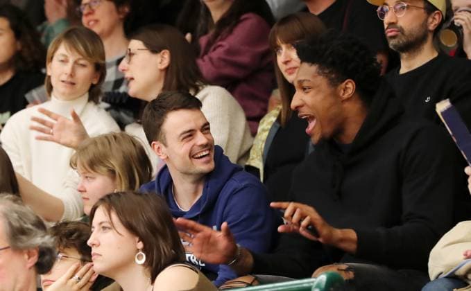 Jonas Mattisseck and David McCormack in the audience Sport Basketball DBBL Bundesliga Womens Playoff Semifinal 2 Game Season 2024 2025 07 04 2024 ALBA Berlin vs Saarlouis Royals
