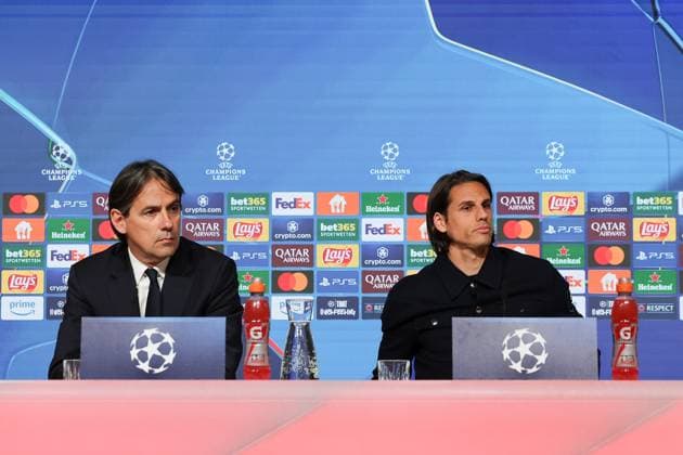 Yann Sommer Inter Milan, 01 with Simone Inzaghi Inter Milan, Head coach at the press conference, GER, International press conference, Inter Milan, Football, UEFA Champions League, quarter-final first leg, 2024 2025 season, 07 04 2025, GER, International press conference, Inter Milan, Football, UEFA Champions League, quarter-final first leg, 2024 2025 season, 07 04 2025 Muenchen Copyright: xEibner-Pressefoto JennixMaulx EP_JML