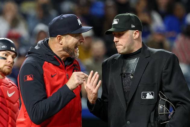 MLB, Baseball Herren, USA 2025: Twins Vs Royals APR 07 April 7, 2025: Minnesota Twins manager Rocco Baldelli (5) continues talking with Home Plate umpire Nic Lentz (59) after Baldelli was ejected during the sixth inning of an MLB baseball game against the Kansas City Royals at Kauffman Stadium in Kansas City, MO. David Smith CSM (Credit Image: Â David Smith Cal Media) Kansas City Mo United States of America EDITORIAL USE ONLY Copyright: xx ZUMA-20250407_zma_c04_017.jpg DavidxSmithx csmphotothree374076