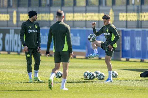 08 04 2025, Final training session for the UEFA Champions League match between FC Barcelona and Borussia Dortmund, f l Emre Can Borussia Dortmund , Kjell Arik Wätjen Borussia Dortmund , Dortmund training ground Borussia Dortmund NRW Germany xRHR PHOTO DEx Copyright: DennisxEwert RHR-FOTOx RHR-FOTO DE