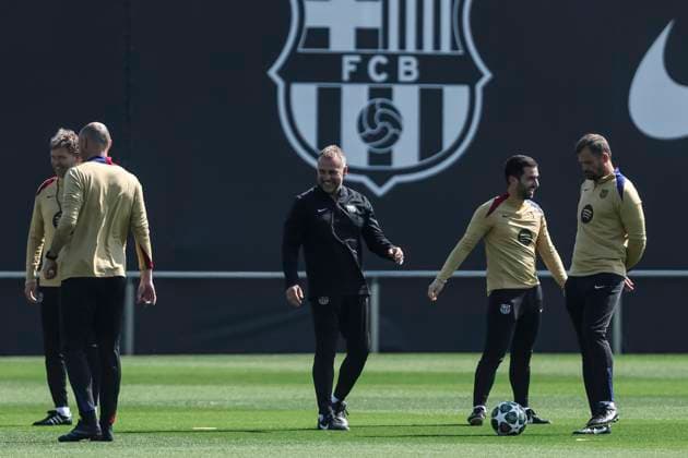 April 8, 2025, Sant Joan Despi, Barcelona, SPAIN: Hansi Flick, head coach during the training day of FC Barcelona, Barca ahead UEFA Champions League, football match against Borussia Dortmund at Ciudad Esportiva Joan Gamper on April 08, 2025 in Sant Joan Despi, Barcelona, Spain. Sant Joan Despi SPAIN - ZUMAa181 20250408_zaa_a181_003 Copyright: xJavierxBorregox