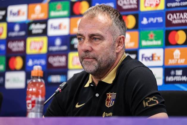 April 8, 2025, Sant Joan Despi, Barcelona, SPAIN: Hansi Flick, head coach of FC Barcelona, Barca attends his press conference, PK, Pressekonferenz during the training day of FC Barcelona ahead the UEFA Champions League, football match against Borussia Dortmund at Ciudad Esportiva Joan Gamper on April 08, 2025 in Sant Joan Despi, Barcelona, Spain. Sant Joan Despi SPAIN - ZUMAa181 20250408_zaa_a181_047 Copyright: xJavierxBorregox