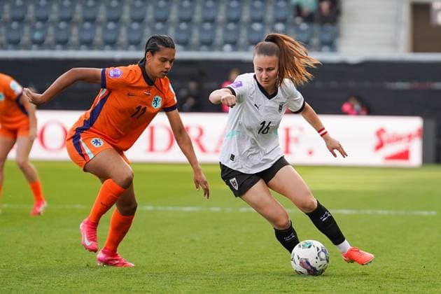 UEFA Women s Nations League 2024 2025, League A, Group 1 08 04 2025, Matchday 4 Austria vs Netherlands CASHPOINT Arena Altach, Austria Esmee Brugts Netherlands , Annabel Schasching Austria Copyright: xLukaxKolanovicx
