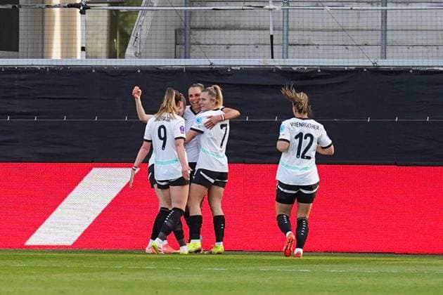 UEFA Women s Nations League 2024 2025, League A, Group 1 08 04 2025, Matchday 4 Austria v Netherlands CASHPOINT Arena Altach, Austria Austria cheers after scoring 1 0 Copyright: xLukaxKolanovicx