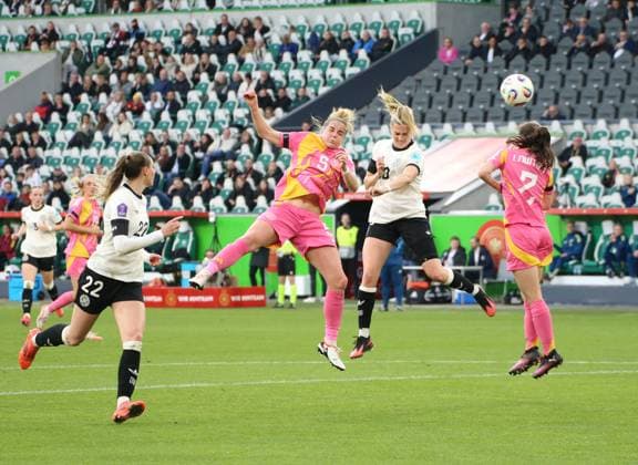 08 04 2025, xgrfx, Football UEFA Women s Nations League, Germany Women Scotland Women v l Jule Brand German Women s National Team , Sophie Howard Scotland , Laura Freigang German Women s National Team , Emma Lawton Scotland DFL DFB REGULATIONS PROHIBIT ANY USE OF PHOTOGRAPHS as IMAGE SEQUENCES and or QUASI VIDEO Wolfsburg