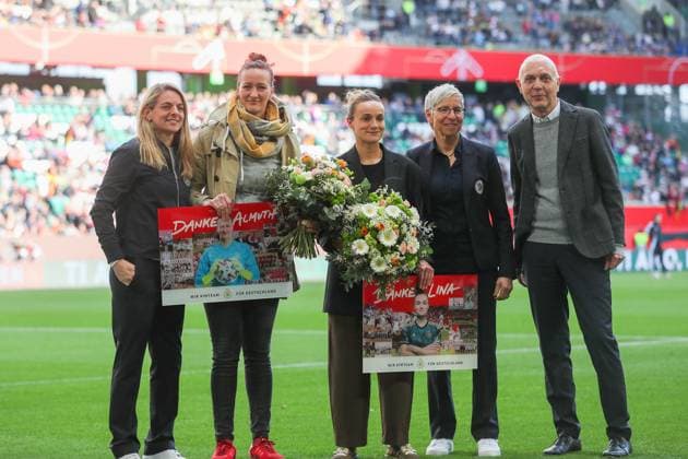 Germany Scotland, DFB Women Wolfsburg, 08 04 2025, Football, UEFA Women s Nations League 2025, Germany Scotland, Farewell to Almuth Schult and Lina Magull Wolfsburg