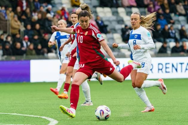 Anna Csiki of Hungary (L) prepares to shoot the ball which eventually hits the crossbar while Olga Ahtinen of Finland follows closely behind during the Women s UEFA Nations League Group B3 football match between Finland and Hungary in Tampere, Finland, on April 8, 2025. Tampere TAMMELAN STADION PIRKANMAA Finland LKFTVX20250408193010BIXQ  Copyright: xMikaxKylmäniemix LKFTVX20250408193010BIXQ