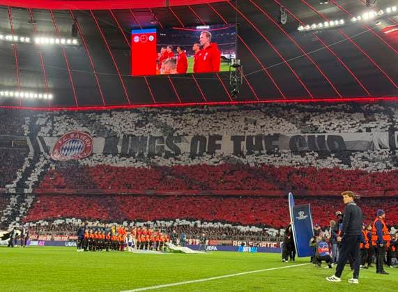 08 04 2025, Football UEFA Championsleague 2024 2025 quarter-final first leg, FC Bayern Munich Inter Milan, in the Allianz Arena Munich Choreography Kings of the cup DFL and DFB regulations prohibit any use of photographs as image sequences and or quasi video