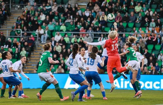 UEFA Women s Nations League 2025, Tallaght Stadium, Dublin 8 4 2025 Republic of Ireland WNT vs Greece Greece s Zoi Nasi Zoi Nasi goes up for a save 8 4 2025  Copyright: x INPHO DanxSheridanx 1W2A3343
