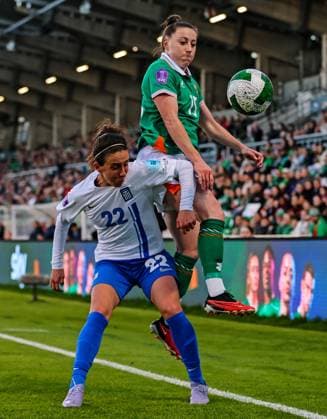 UEFA Women s Nations League 2025, Tallaght Stadium, Dublin 8 4 2025 Republic of Ireland WNT vs Greece Greece s Maria Paterna and Ireland s Lucy Quinn Maria Paterna and Lucy Quinn 8 4 2025  Copyright: x INPHO RyanxByrnex RB1_6448