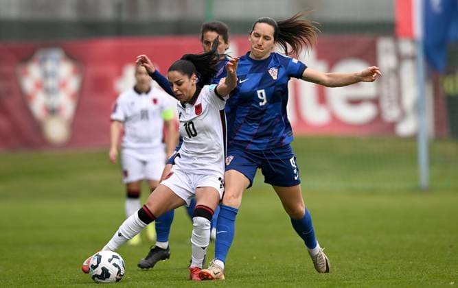 Croatia v Albania - UEFA Women s Nations League 2024 25 Grp B4 MD4 ZAGREB, CROATIA - APRIL 8: Albania s Qendresa Krasniqi is challenged by Croatia s Ivana Rudelic during the UEFA Women s Nations League 2024 25 Grp B4 MD4 match between Croatia and Albania at SC Rudes on April 8, 2025 in Zagreb, Croatia.  MarkoxLukunic PIXSELL