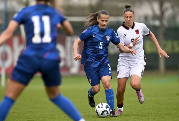 Croatia v Albania - UEFA Women s Nations League 2024 25 Grp B4 MD4 ZAGREB, CROATIA - APRIL 8: Croatia s Kristina Nevrkla is challenged by Albania s Valenita Troka during the UEFA Women s Nations League 2024 25 Grp B4 MD4 match between Croatia and Albania at SC Rudes on April 8, 2025 in Zagreb, Croatia.  MarkoxLukunic PIXSELL