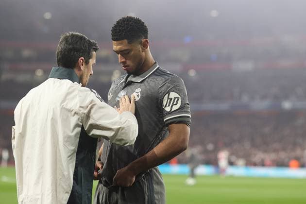 Arsenal gegen Real Madrid 08. April 2025, London UEFA Champions League Fußball, Viertelfinale, Hinspiel Arsenal gegen Real Madrid Jude Bellingham von Real Madrid Foto Charlotte Wilson Abseits London UK  Copyright: xCharlottexWilsonx xOffsidexOffside
