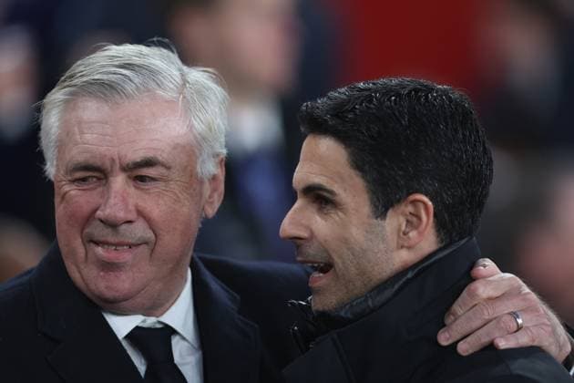 London, England, 8th April 2025. Carlo Ancelotti manager of Real Madrid and Mikel Arteta manager of Arsenal during the Arsenal vs Real Madrid UEFA Champions League match at the Emirates Stadium, London. Picture credit should read: David Klein Sportimage EDITORIAL USE ONLY. No use with unauthorised audio, video, data, fixture lists, club league logos or live services. Online in-match use limited to 120 images, no video emulation. No use in betting, games or single club league player publications. SPI_031_DK_Arsenal_Real_Madrid SPI-3819-0033