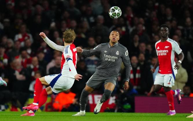 Kylian Mbappà of Real Madrid Arsenal v Real Madrid, UEFA Champions League, Quarter Final, First Leg, Football, Emirates Stadium, London, UK - 08 Apr 2025 EDITORIAL USE ONLY No use with unauthorised audio, video, data, fixture lists, club league logos or live services. Online in-match use limited to 120 images, no video emulation. No use in betting, games or single club league player publications. Copyright: xJavierxGarcia Shutterstockx 15243595u