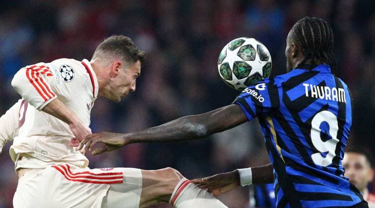 Goretzka - Thuram , Bayern München-Inter Mailand, UEFA Champions League Viertelfinale , Fußball , in der Allianz Arena Stadion , München , Bayern , Deutschland . April 08, 2025 . Photo by: Davide Elias Ipa Photo Pressefoto DENL Copyright: xDavidexEliasx
