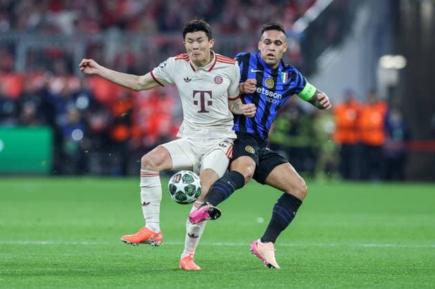 Soccer Champions League quarterfinal FC Bayern Munich Inter Milan on 08 04 2025 at the Allianz Arena in Munich Minjae Kim Min jae Kim Munich , left Lautaro Martinez Milan , right xMSx