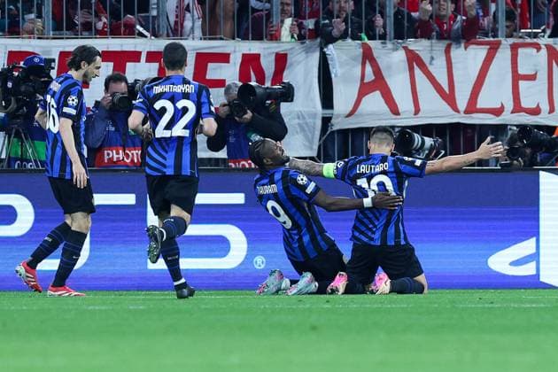 Soccer Champions League quarter final FC Bayern Munich Inter Milan on 08 04 2025 at the Allianz Arena in Munich Goal celebration for the X X by Lautaro Martinez Milan xMSx