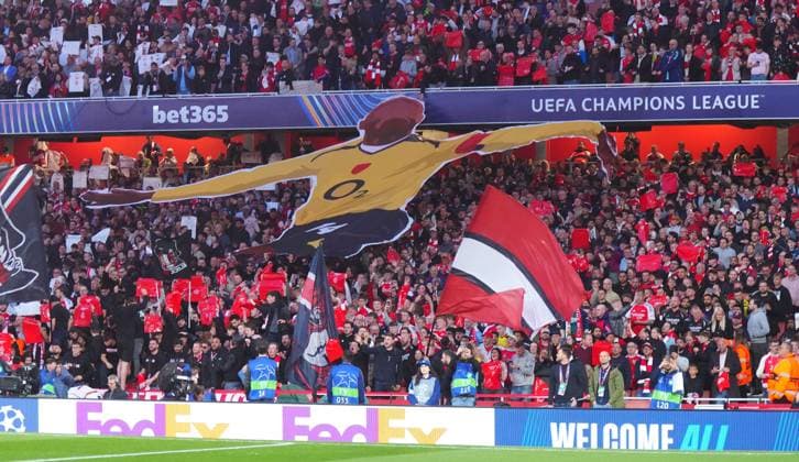 Arsenal fans display a banner of Thierry Henry celebrating his winning goal away to Real Madrid from 2006 Arsenal v Real Madrid, UEFA Champions League, Quarter Final, First Leg, Football, Emirates Stadium, London, UK - 08 Apr 2025 EDITORIAL USE ONLY No use with unauthorised audio, video, data, fixture lists, club league logos or live services. Online in-match use limited to 120 images, no video emulation. No use in betting, games or single club league player publications. Copyright: xJavierxGarcia Shutterstockx 15243595ai