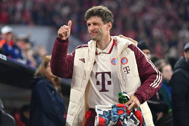 Thomas MUELLER MÜLLER,Bayern Muenchen , Reserve bench,Substitute bench,Substitute player,Reserve player,Bench,Substitute player Soccer Champions League Quarterfinal FC Bayern Muenchen Inter Milan on 08 04 2025 , A L L I A N Z A R E N A