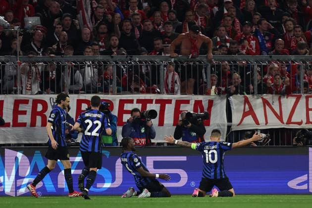 FC Internazionale - Fc Bayern Munchen Lautaro Martinez of Fc Internazionale celebrates after scoring a goal during the UEFA Champions League 2024 25 quarter-final first leg match between FC Internazionale and Fc Bayern Munchen at Allianz Arena on April 8, 2025 in Munchen, Germany . Munchen Allianz Arena Germany Copyright: xMarcoxCanonierox