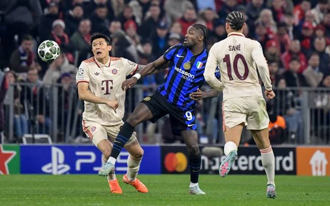 08 04 2025, xemx, Football UEFA Champions League, FC Bayern Muenchen Inter Milan v l Minjae Kim FC Bayern Muenchen , Marcus Thuram Inter Milan duel, action, action, battle for the ball DFL DFB REGULATIONS PROHIBIT ANY USE OF PHOTOGRAPHS as IMAGE SEQUENCES and or QUASI VIDEO Muenchen