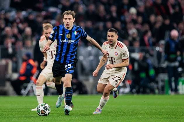 UEFA Champions League quarter-final FC Bayern Munich Inter Milan 08 04 2025 duel Nicolo Barella Inter Milan, 23 , Raphael Guerreiro FC Bayern Munich, 22 UEFA Champions League quarter-final FC Bayern Munich Inter Milan, Munich, Allianz Arena on 08 04 2025 Copyright: xBEAUTIFULxSPORTS Wunderlx