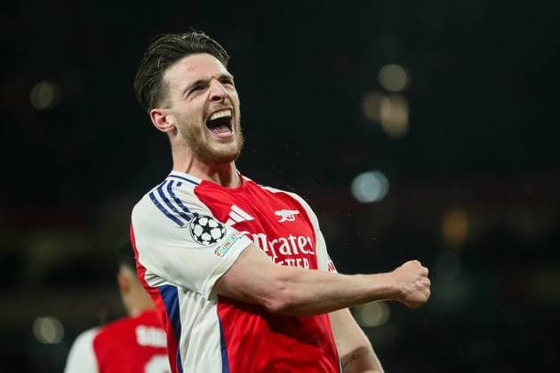 Bilder des Jahres 2025, Sport 04 April Sport Bilder des Tages UEFA Champions League Quarter-finals Arsenal v Real Madrid Declan Rice of Arsenal celebrates his goal to make it 1-0 during the UEFA Champions League Quarter-finals match Arsenal vs Real Madrid at Emirates Stadium, London, United Kingdom, 8th April 2025 (Photo by Izzy Poles News Images) London Emirates Stadium Greater London United Kingdom Copyright: xIzzyxPoles NewsxImagesx
