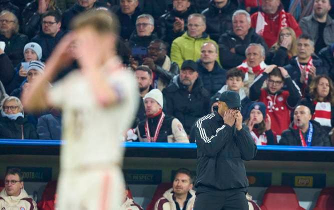 Trainer Vincent Kompany (FCB), team manager, headcoach, coach, Joshua KIMMICH, FCB 6 in the quarterfinal match FC BAYERN MUENCHEN - INTER MAILAND of football UEFA Champions League in season 2024 2025 in Munich, Apr 8, 2025 , FCB, , München