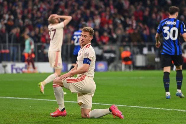 Joshua KIMMICH Bayern Muenchen down, disappointment, frustration, disappointed, frustrated, dejected, football Champions League quarter-final FC Bayern Muenchen Inter Milan on 08 04 2025 , A L L I A N Z A R E N A