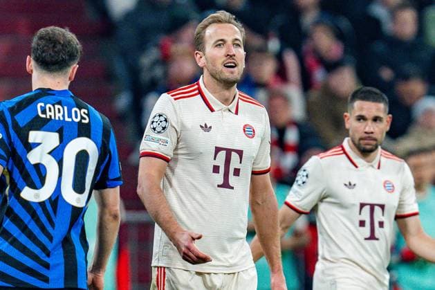 08 04 2025, FC Bayern München vs Inter Milan, UEFA Champions League, quarter-final first leg Harry Kane FC Bayern Muenchen, 9 dissatisfied Carlos Augusto Inter Milan, 30 Raphael Guerreiro FC Bayern Muenchen, 22 Copyright: xBahhoxKarax