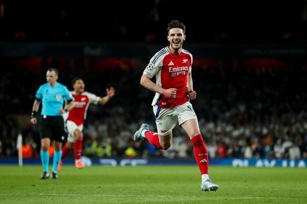 UEFA Champions League Quarter-finals Arsenal v Real Madrid Declan Rice of Arsenal celebrates his goal to make it 2-0 during the UEFA Champions League Quarter-finals match Arsenal vs Real Madrid at Emirates Stadium, London, United Kingdom, 8th April 2025 (Photo by Izzy Poles News Images) London Emirates Stadium Greater London United Kingdom Copyright: xIzzyxPoles NewsxImagesx