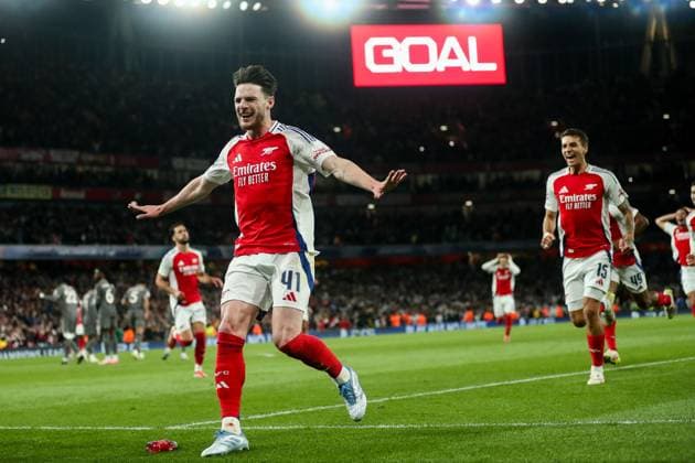 UEFA Champions League Quarter-finals Arsenal v Real Madrid Declan Rice of Arsenal celebrates his goal to make it 2-0 during the UEFA Champions League Quarter-finals match Arsenal vs Real Madrid at Emirates Stadium, London, United Kingdom, 8th April 2025 (Photo by Izzy Poles News Images) London Emirates Stadium Greater London United Kingdom Copyright: xIzzyxPoles NewsxImagesx