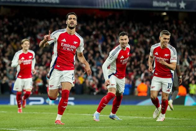 UEFA Champions League Quarter-finals Arsenal v Real Madrid Mikel Merino of Arsenal celebrates his goal to make it 3-0 during the UEFA Champions League Quarter-finals match Arsenal vs Real Madrid at Emirates Stadium, London, United Kingdom, 8th April 2025 (Photo by Izzy Poles News Images) London Emirates Stadium Greater London United Kingdom Copyright: xIzzyxPoles NewsxImagesx