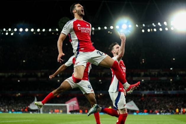 UEFA Champions League Quarter-finals Arsenal v Real Madrid Mikel Merino of Arsenal celebrates his goal to make it 3-0 during the UEFA Champions League Quarter-finals match Arsenal vs Real Madrid at Emirates Stadium, London, United Kingdom, 8th April 2025 (Photo by Izzy Poles News Images) London Emirates Stadium Greater London United Kingdom Copyright: xIzzyxPoles NewsxImagesx