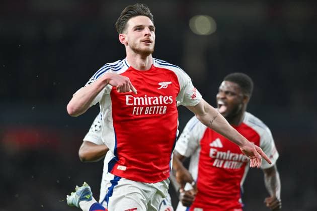 Declan Rice of Arsenal FC celebrated scoring Arsenal FC first goal in there second half during the UEFA Champions League Quarter Final match between Arsenal and Real Madrid at the Emirates Stadium, London, England on 8 April 2025. Copyright: xPhilxHutchinsonx 42970010