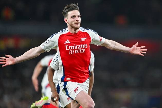 Declan Rice of Arsenal FC celebrated scoring Arsenal FC first goal in there second half during the UEFA Champions League Quarter Final match between Arsenal and Real Madrid at the Emirates Stadium, London, England on 8 April 2025. Copyright: xPhilxHutchinsonx 42970012
