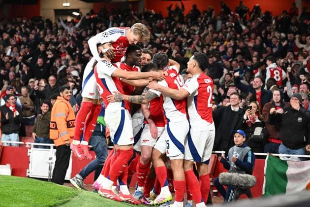 Declan Rice of Arsenal FC celebrated scoring Arsenal FC first goal in there second half during the UEFA Champions League Quarter Final match between Arsenal and Real Madrid at the Emirates Stadium, London, England on 8 April 2025. Copyright: xPhilxHutchinsonx 42970013
