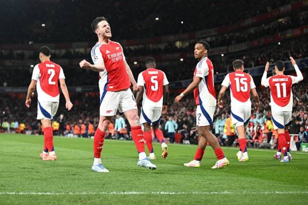 Declan Rice of Arsenal FC celebrated scoring Arsenal FC first goal in there second half during the UEFA Champions League Quarter Final match between Arsenal and Real Madrid at the Emirates Stadium, London, England on 8 April 2025. Copyright: xPhilxHutchinsonx 42970016