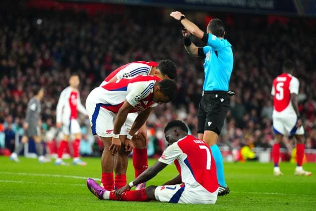 Bukayo Saka of Arsenal goes down before being substituted Arsenal v Real Madrid, UEFA Champions League, Quarter Final, First Leg, Football, Emirates Stadium, London, UK - 08 Apr 2025 EDITORIAL USE ONLY No use with unauthorised audio, video, data, fixture lists, club league logos or live services. Online in-match use limited to 120 images, no video emulation. No use in betting, games or single club league player publications. Copyright: xJavierxGarcia Shutterstockx 15243595az