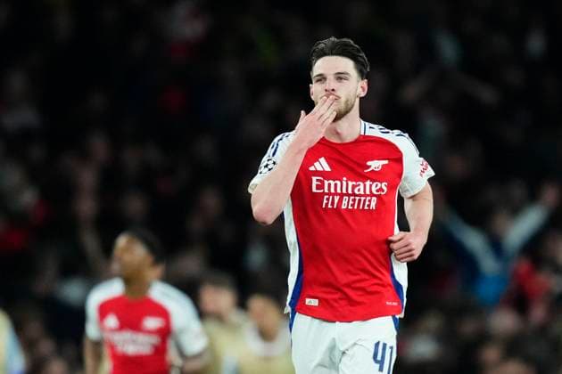 Arsenal FC v Real Madrid C.F. - UEFA Champions League 2024 25 Quarter Final First Leg Declan Rice central midfield of Arsenal and England celebrates after scoring his sides second goal during the UEFA Champions League 2024 25 Quarter Final First Leg match between Arsenal FC and Real Madrid C.F. at Arsenal Stadium on April 8, 2025 in London, England. London England United Kingdom  Copyright: xJosexBretonx originalFilename:bretonhernandez-arsenalf250408_npx0w.jpg