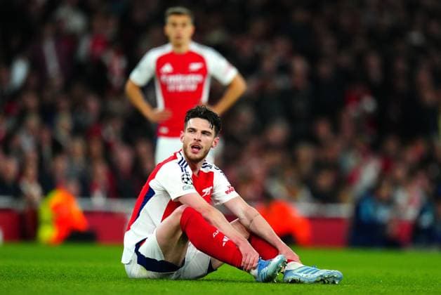 Declan Rice of Arsenal goes down before being substituted Arsenal v Real Madrid, UEFA Champions League, Quarter Final, First Leg, Football, Emirates Stadium, London, UK - 08 Apr 2025 EDITORIAL USE ONLY No use with unauthorised audio, video, data, fixture lists, club league logos or live services. Online in-match use limited to 120 images, no video emulation. No use in betting, games or single club league player publications. Copyright: xJavierxGarcia Shutterstockx 15243595be