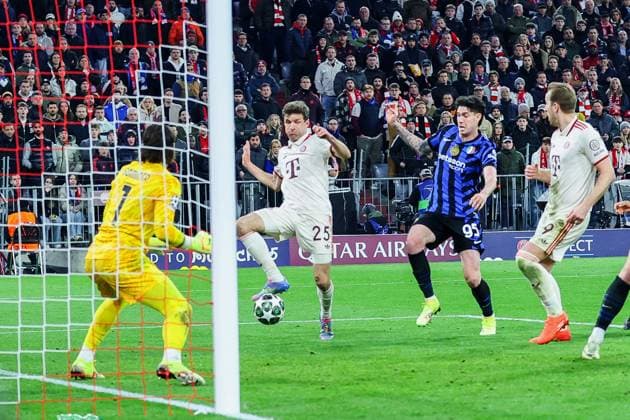 Soccer Champions League quarter final FC Bayern Munich Inter Milan on 08 04 2025 at the Allianz Arena in Munich Goal to 1 1 by Thomas Müller Munich xMSx